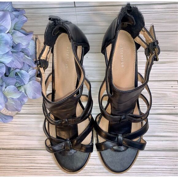 Attention Black Faux Leather Strappy Gladiator Platform Wedge Sandals S:9 - Picture 5 of 9